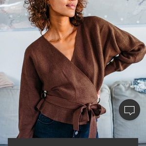Lulus sweet and sophisticated brown wrap sweater